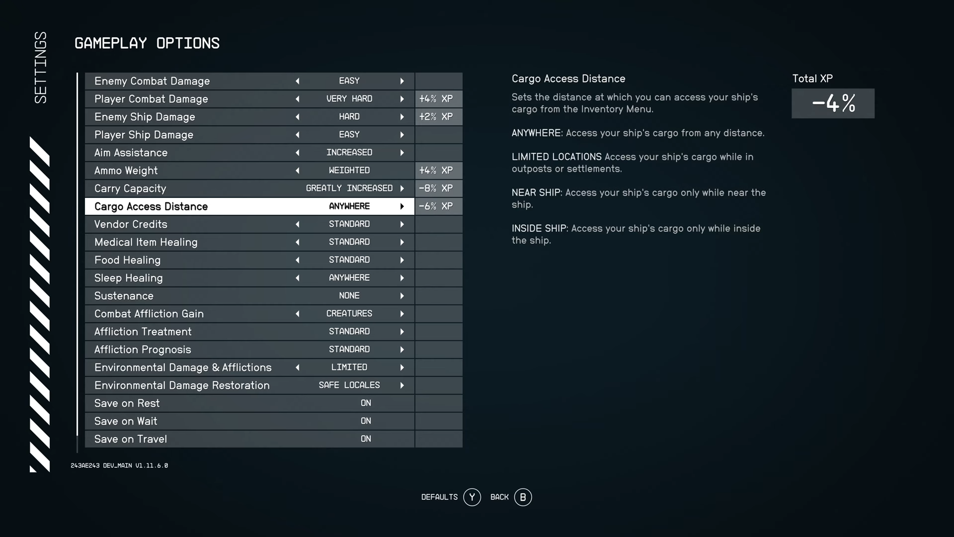 Görsel, Starfield'a yeni güncelleme ile eklenecek olan oyun ayarları menüsüne ait. Menüde bazı spesifik oyun ayarlarının değiştirilebildiği görülüyor.
